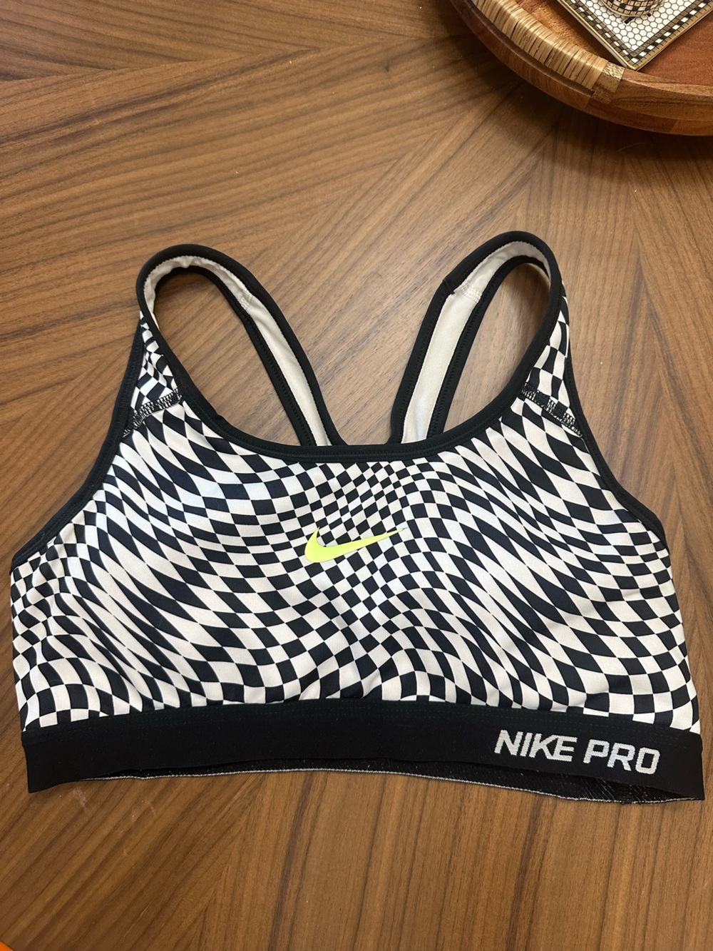 Nike Pro Black & White Checkered Sports Bra with Lime Swoosh